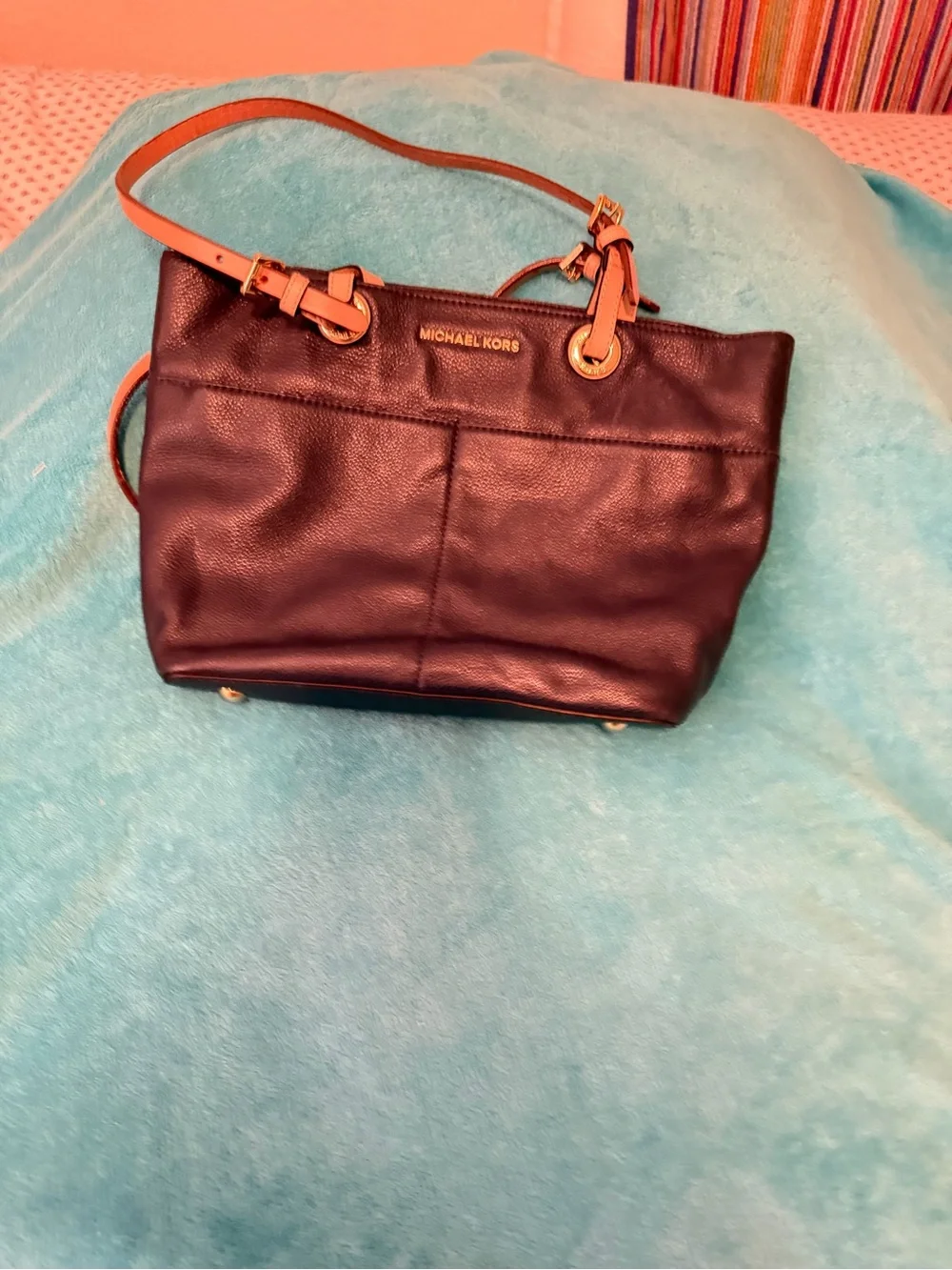 Michael Kors Navy Leather Shoulder Tote with Tan Straps